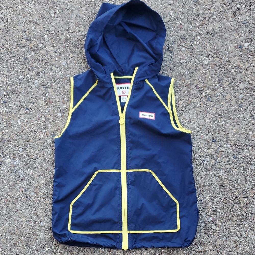 Hunter Target Lightweight Navy Blue Rain Vest With Hood Yellow Accents 6/6X